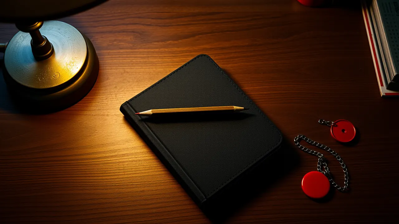 A plain wooden desk top seen from slightly above under one warm lamp, a closed pocket notebook bound in dark cloth lying shut in the middle with a pencil resting across its cover, a short steel chain coiled at the far edge and a single scarlet red lacquered disc resting near the notebook's corner.