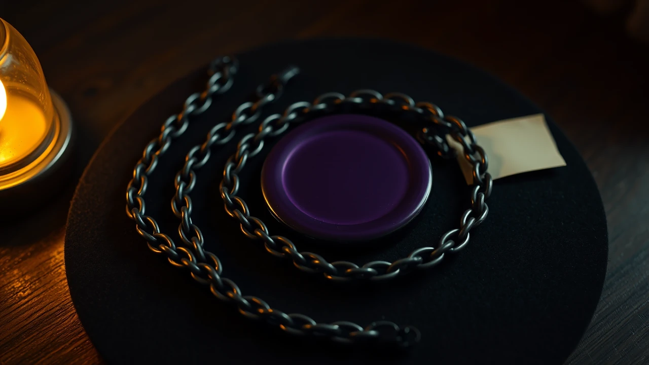 A length of dark steel chain coiled into a loose ring on dark felt, filling the middle of the frame, one deep violet lacquered disc lying inside the ring and a folded blank paper note resting just outside it, seen from slightly above under one warm lamp with nothing else in the frame.