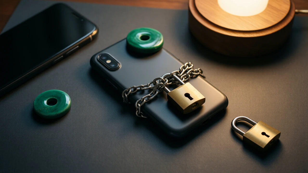 A dark phone lying face down on matte charcoal paper with its back to the lens, a short length of steel chain looped once around it and fastened with a small closed brass padlock, one emerald green lacquered disc resting on its own near the top corner under a warm lamp.
