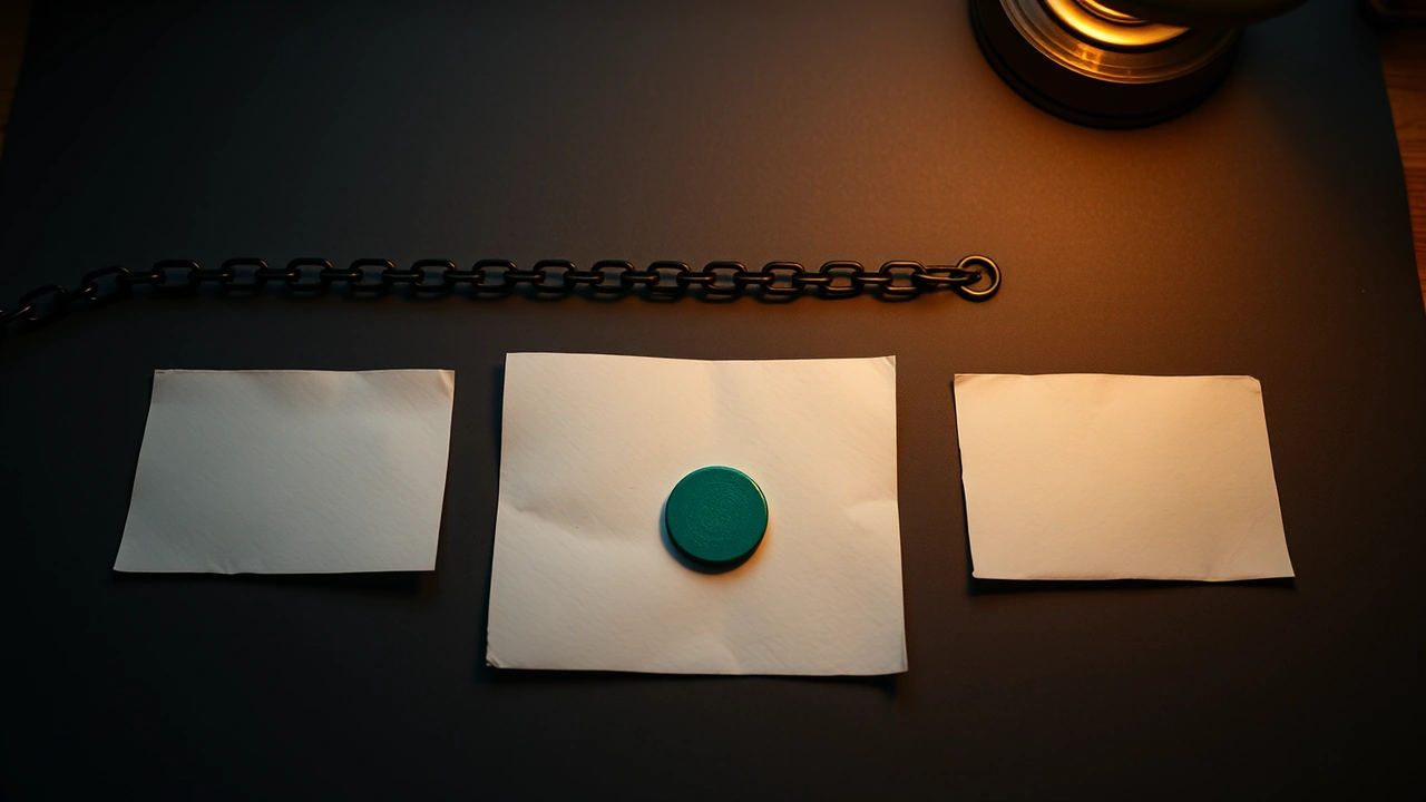 Three folded blank paper notes of different sizes lying in a loose row on matte charcoal paper with wide gaps between them, a single dark steel chain running behind all three and one emerald green lacquered disc placed in front of the middle note, seen from slightly above under one warm lamp.