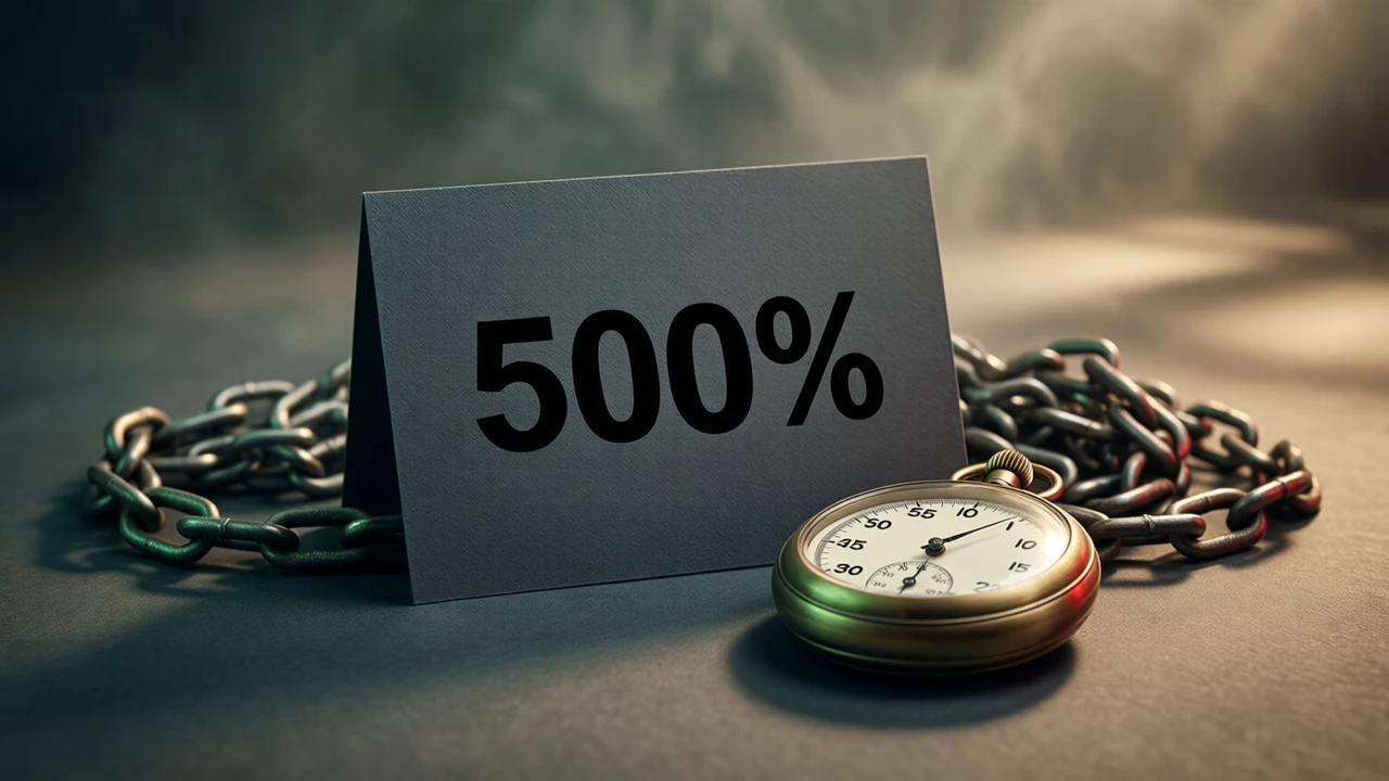 A single small flat card standing upright on matte charcoal paper and facing the lens, carrying one printed line that reads 500% in heavy black type, a brass stopwatch lying beside it and a loose coil of dark steel chain behind, nothing else on the card and nothing else in the frame.