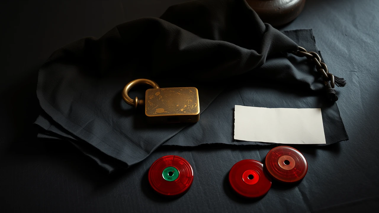 A heavy old brass padlock resting on a folded dark cloth on matte charcoal paper, its shackle closed around one link of a short steel chain, a single blank paper slip lying beside it and three lacquered discs placed far apart at the front edge, scarlet red, emerald green and deep violet, under a warm lamp.