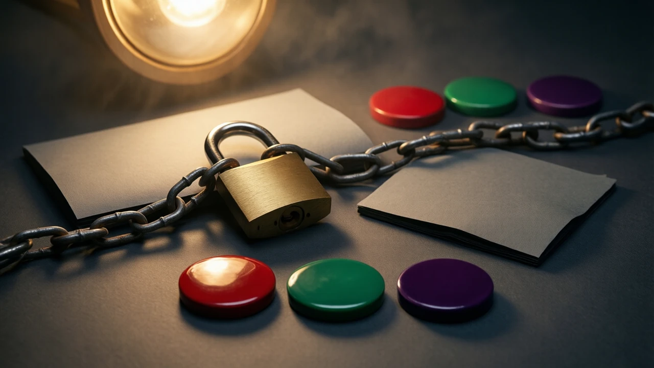 A closed brass padlock hanging from a short run of dark steel chain that lies across matte charcoal paper under one warm lamp, a plain sheet of paper folded in half beside it with nothing written on it, and three shiny lacquered discs set well apart in a row in front, scarlet red first, then emerald green, then deep violet.