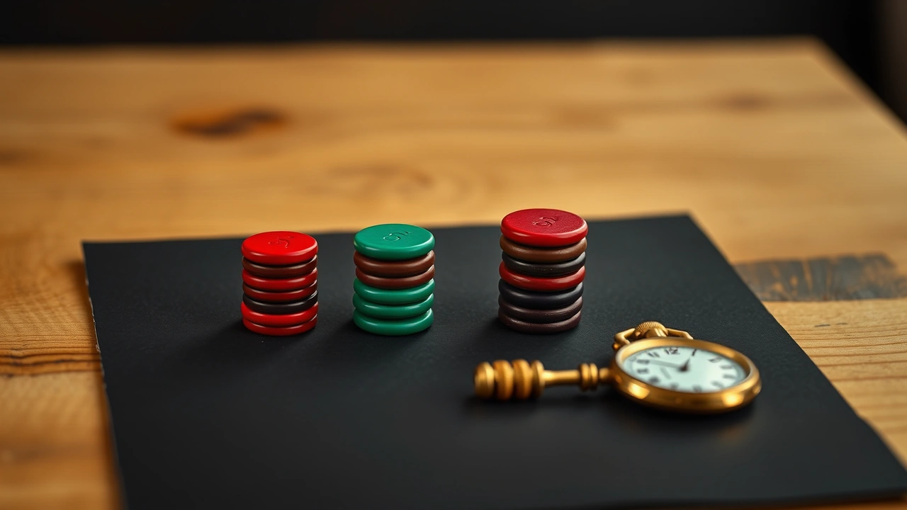 Four short stacks of lacquered discs standing in a row on matte charcoal paper, each stack a little taller than the one before and every stack a single colour, scarlet red, emerald green, deep violet and scarlet red again, spaced well apart, with a brass stopwatch lying flat beside the tallest one.