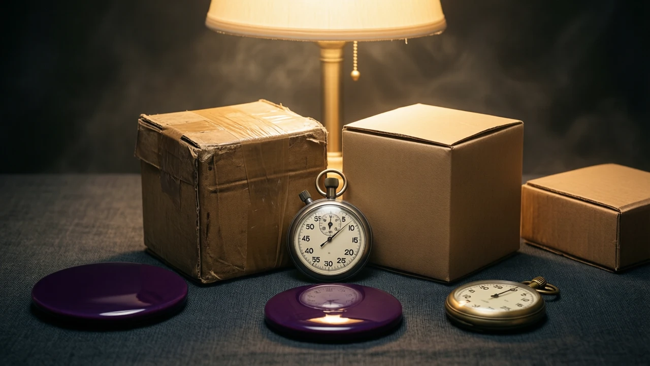 Two small cardboard boxes of the same size standing side by side on dark cloth, the left box old and scuffed with its lid taped shut, the right box new and plain with its lid closed, a brass stopwatch lying flat between them and one deep violet lacquered disc a little in front, all under a single warm lamp.