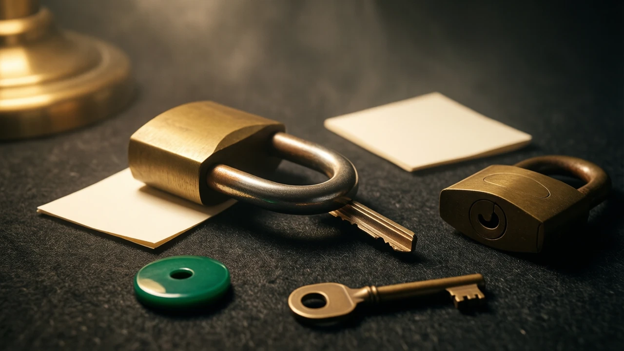 An old brass padlock lying on its side on dark felt with its single brass key a hand's width away, the key pointing back towards the lock, a folded blank paper note tucked under the edge of the felt and one emerald green lacquered disc placed apart in the warm lamplight.