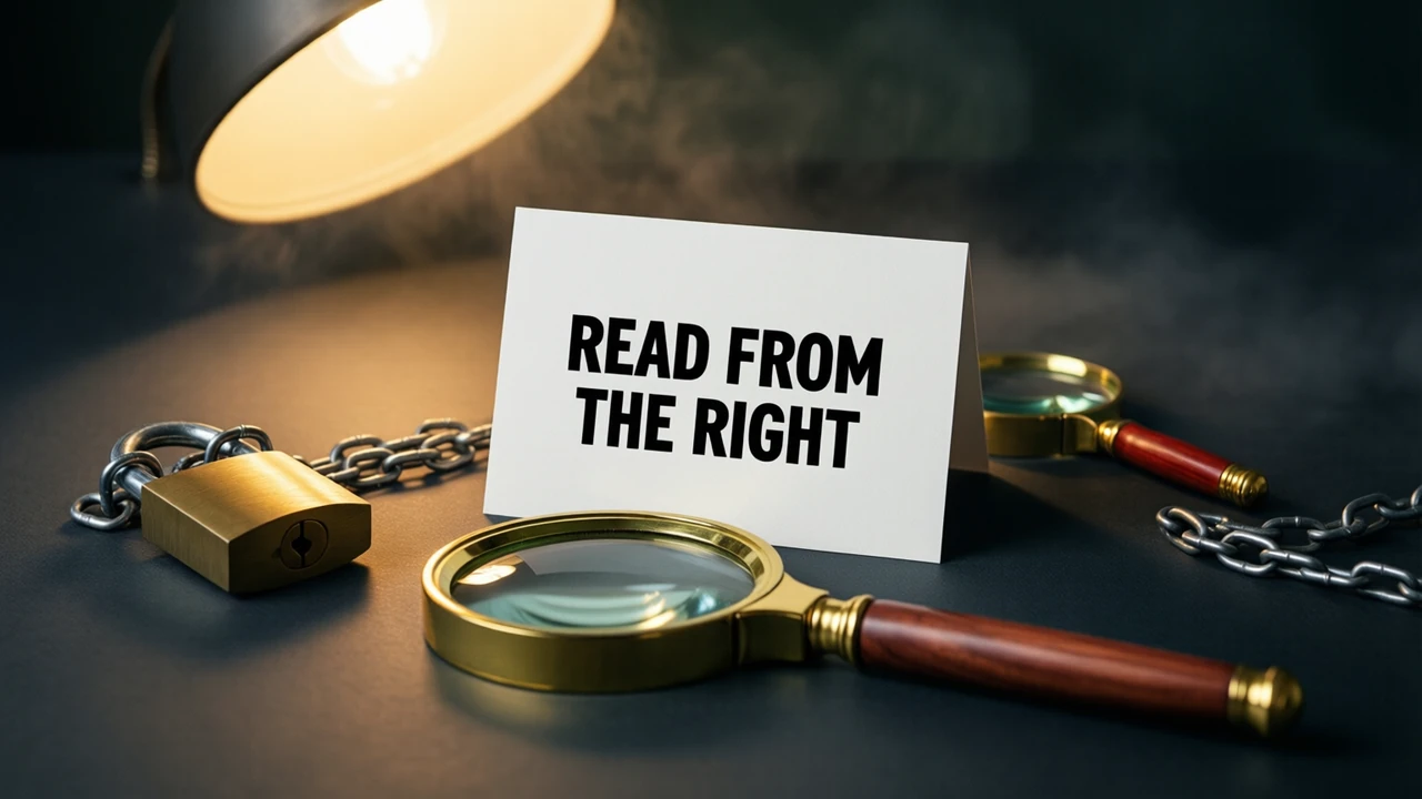 A small flat white card standing upright on matte charcoal paper and facing the lens, carrying the single printed line READ FROM THE RIGHT in heavy black capitals, a brass magnifying loupe lying in front of it, a closed brass padlock on a short steel chain off to one side, seen from slightly above under one warm lamp.