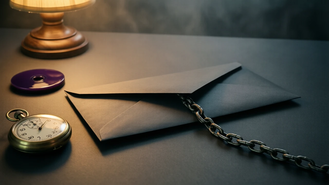 A long plain paper envelope lying sealed on matte charcoal paper next to a short dark steel chain, one end of the chain running out of the frame to the right, a brass stopwatch resting at the far left and one deep violet lacquered disc set alone near the envelope, under one warm lamp.