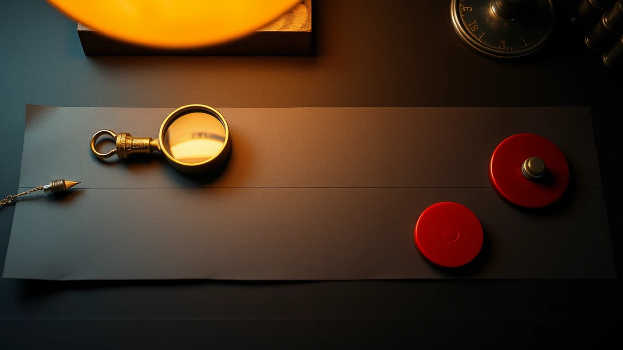 Seen from slightly above under one warm overhead lamp, a brass magnifying loupe lying across a long strip of plain paper on matte charcoal paper, a thin pencil line ruled along the strip from end to end, a small closed brass padlock at one end and one scarlet red lacquered disc at the other, soft shadows falling to the left.